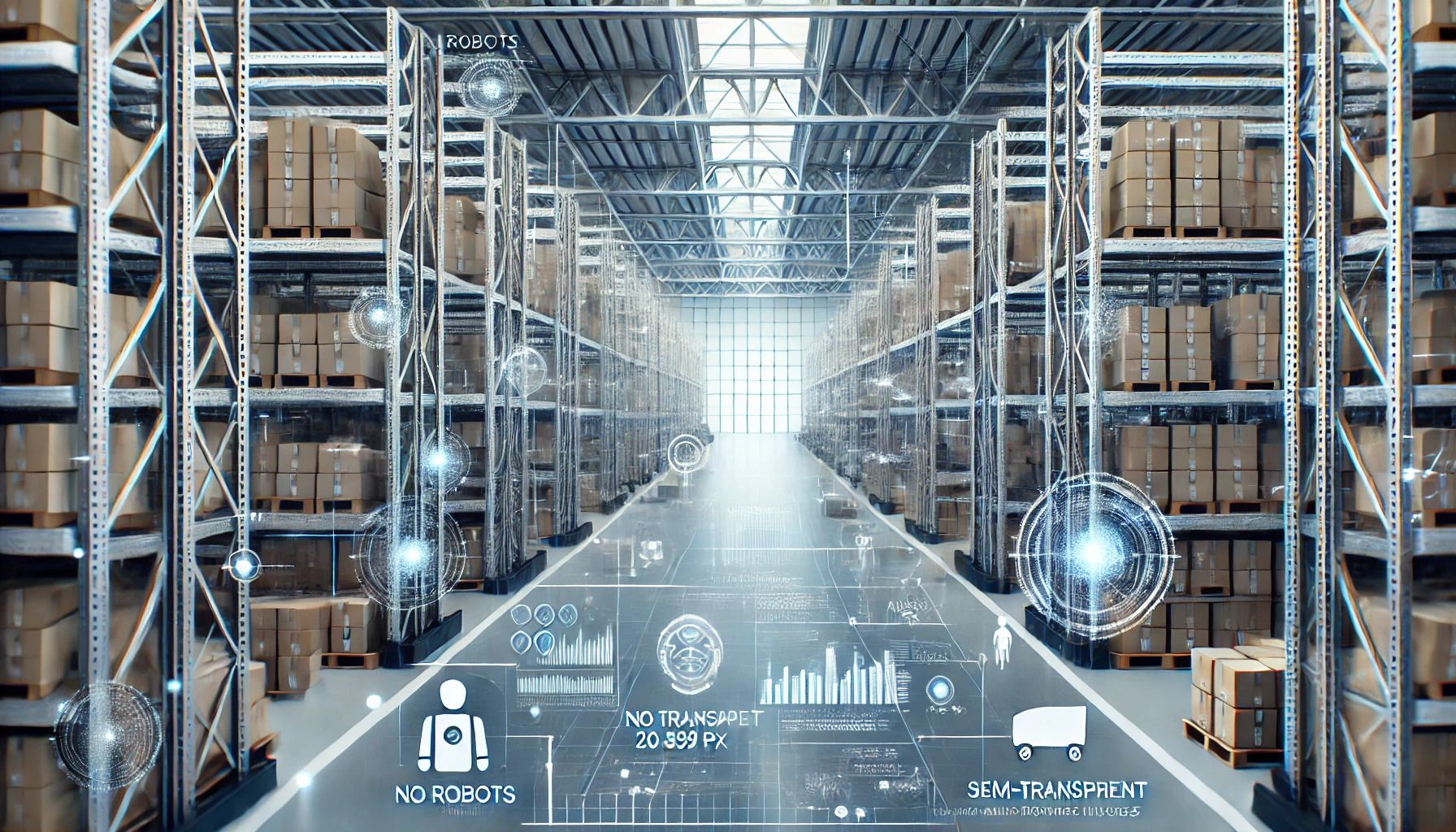 Almacén moderno con cajas organizadas y visualizaciones de datos sobre automatización y rendimiento logístico mediante inteligencia artificial