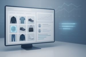 Panel de control eCommerce con interfaz moderna, gráficos de ventas y efectos sutiles que representan inteligencia artificial.
