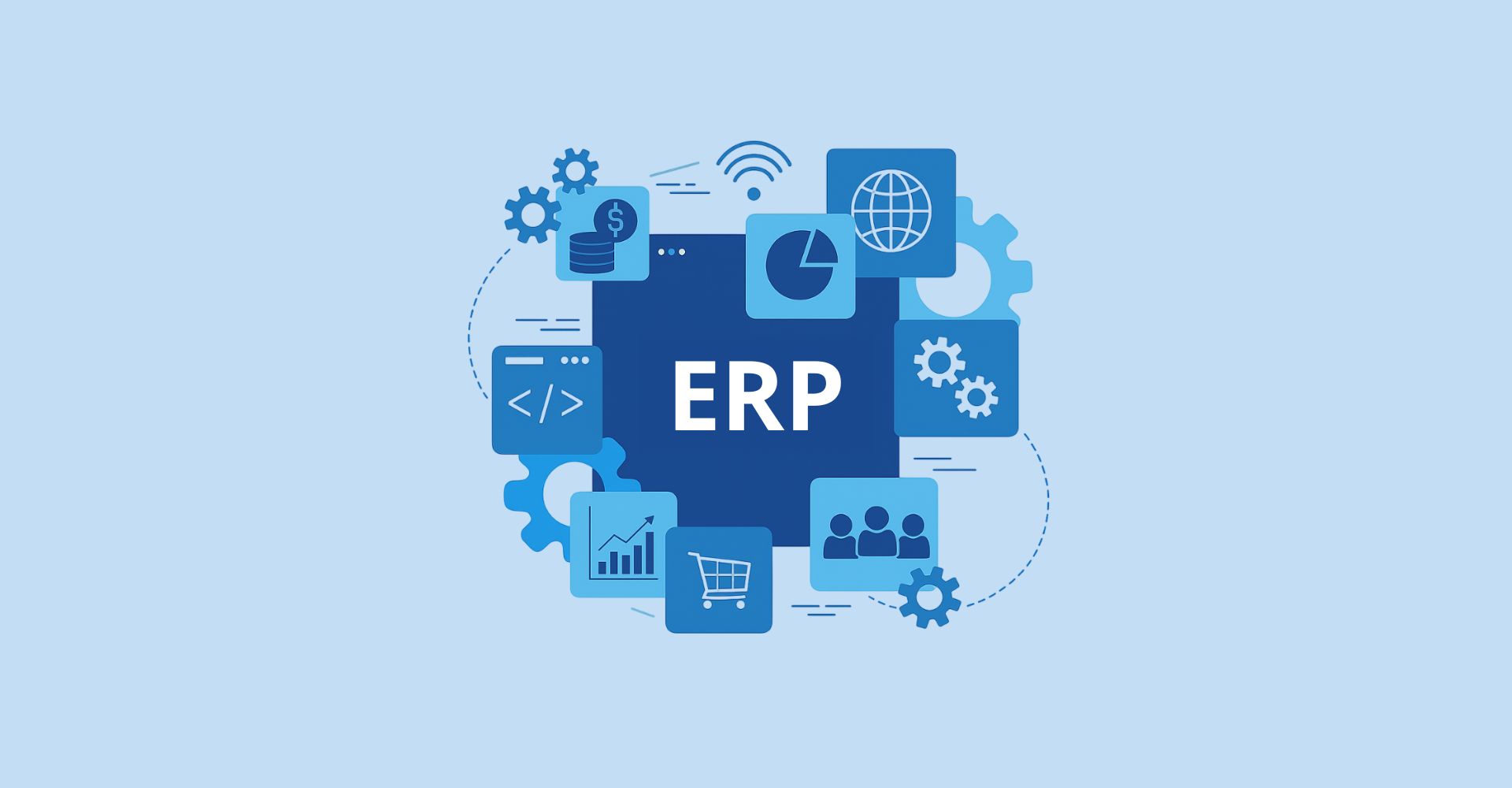Un ícono digital de ERP representando la centralización y modernización de procesos empresariales.