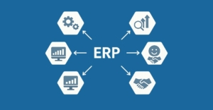 Un diagrama de flujo que ilustra la integración de diferentes departamentos (logística, ventas, contabilidad, etc.) en un sistema ERP centralizado.