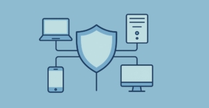 Esquema de ciberseguridad con candado y dispositivos conectados en red.