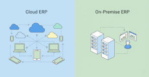 Ilustración de conceptos de ERP en la nube y local, flujo de datos e integración digital