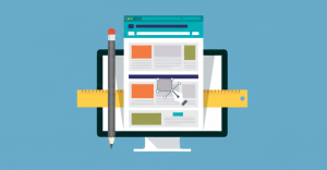 Ilustración de una pantalla de ordenador con herramientas de diseño web, una regla y un lápiz, representando la fase de creación de una estructura web funcional.