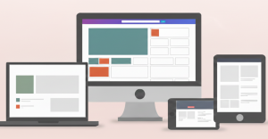 Conjunto de dispositivos que incluye un monitor, un portátil, una tablet y un smartphone mostrando el mismo diseño web adaptado a cada tamaño de pantalla.