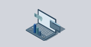 Un diseño minimalista 3D de una laptop con barras de gráficas crecientes, engranajes y ventanas de datos, representando el crecimiento y la eficiencia.