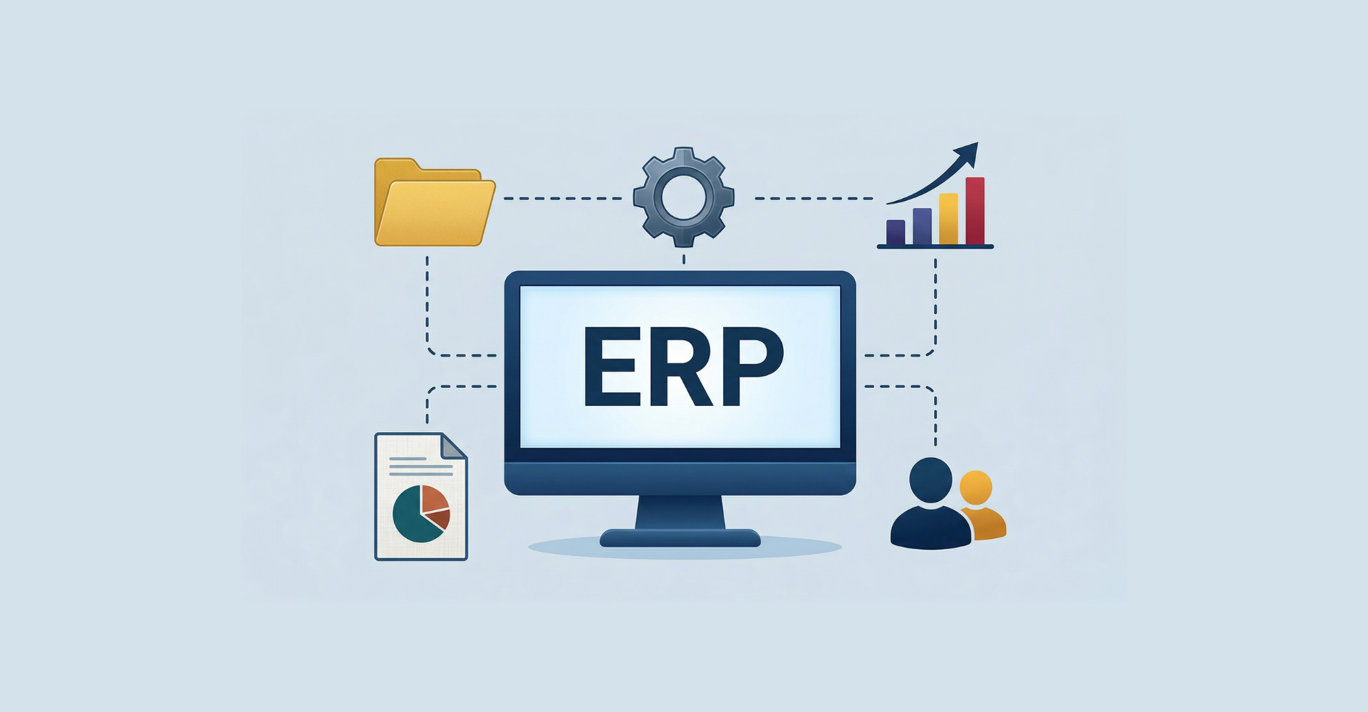 Una ilustración que muestra una pantalla central con las siglas "ERP" conectada a iconos de archivos, engranajes, gráficas de crecimiento y recursos humanos.