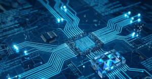 Una representación visual abstracta y brillante en tonos azules de un microchip procesando datos a través de una red de circuitos.