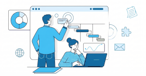 Ilustración de dos profesionales trabajando sobre un tablero de gestión de proyectos con gráficas de rendimiento y flujos de trabajo.