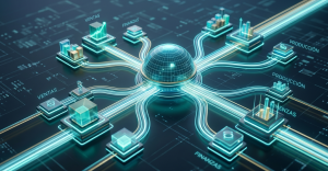 Diagrama tecnológico 3D que conecta departamentos de ventas, finanzas y producción a un núcleo central de datos.