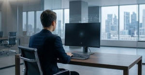 Un profesional de traje sentado de espaldas en una oficina moderna trabajando frente a un monitor de ordenador con una interfaz digital flotante y vistas a los rascacielos de la ciudad.