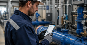 Técnico utilizando una app móvil empresarial durante una intervención