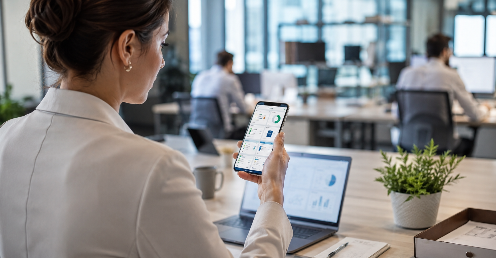 Profesional utilizando una app móvil para la gestión empresarial